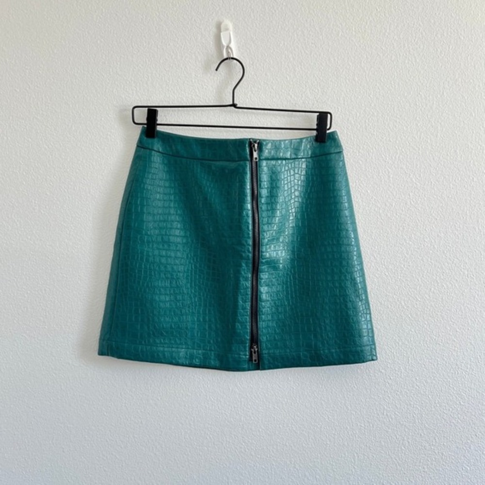 ModCloth Teal Faux Snake Skin Mini Skirt Front‎ Zipper 4 Goth Glam Rockabilly